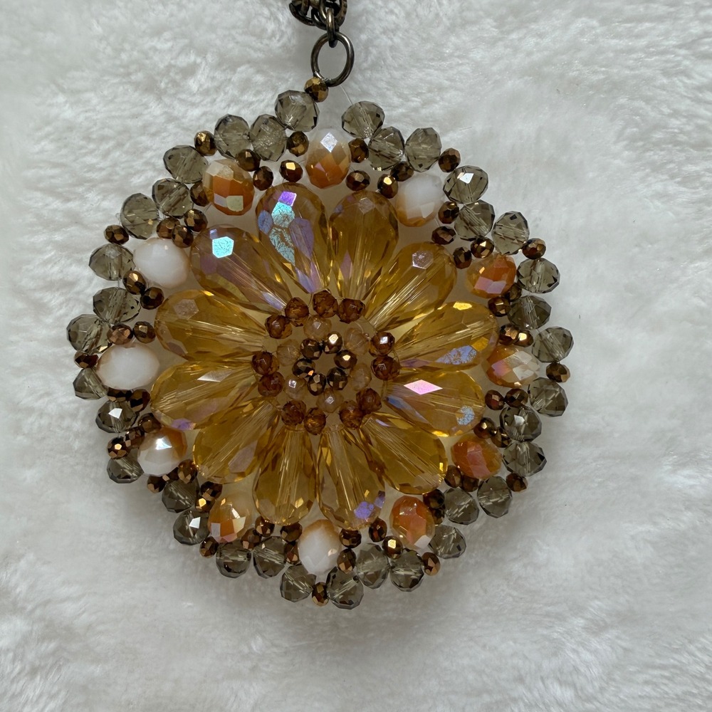 Amber Glass Bead Sunburst Pendant Necklace Bronze Tone Long Boho Statement